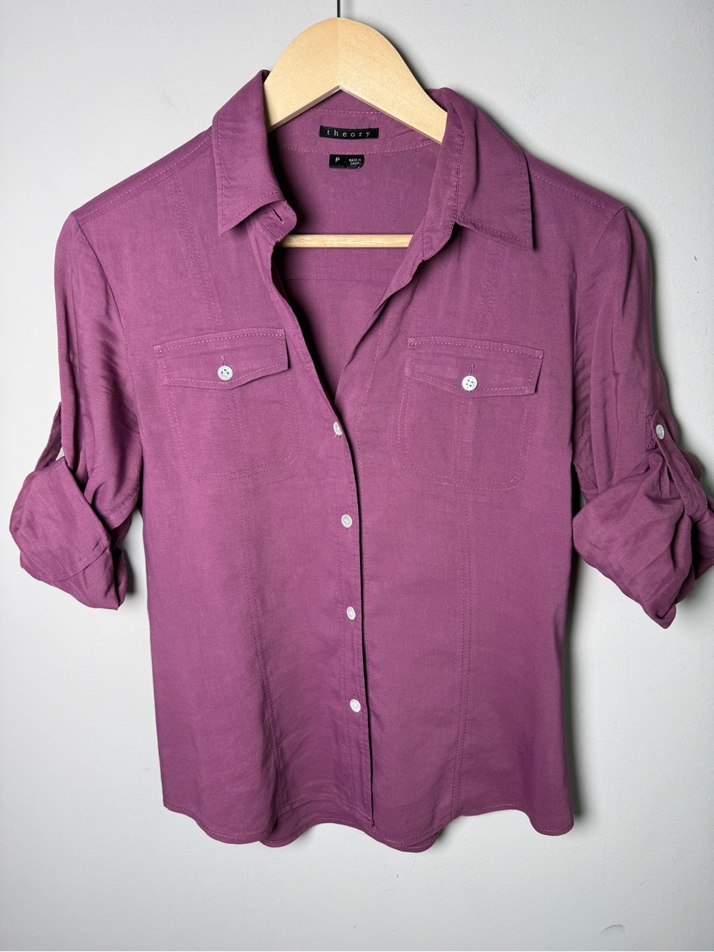 Theory Dulcie Linen Blend Button Down Shirt Plum Purple Sz P